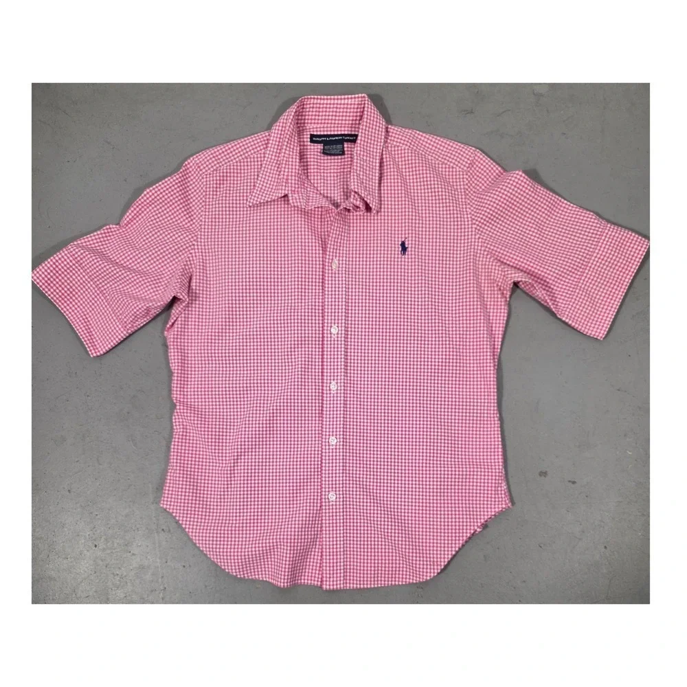 Ralph Lauren Sport Kids Pink Gingham Short Sleeve Button Down Shirt Size 14